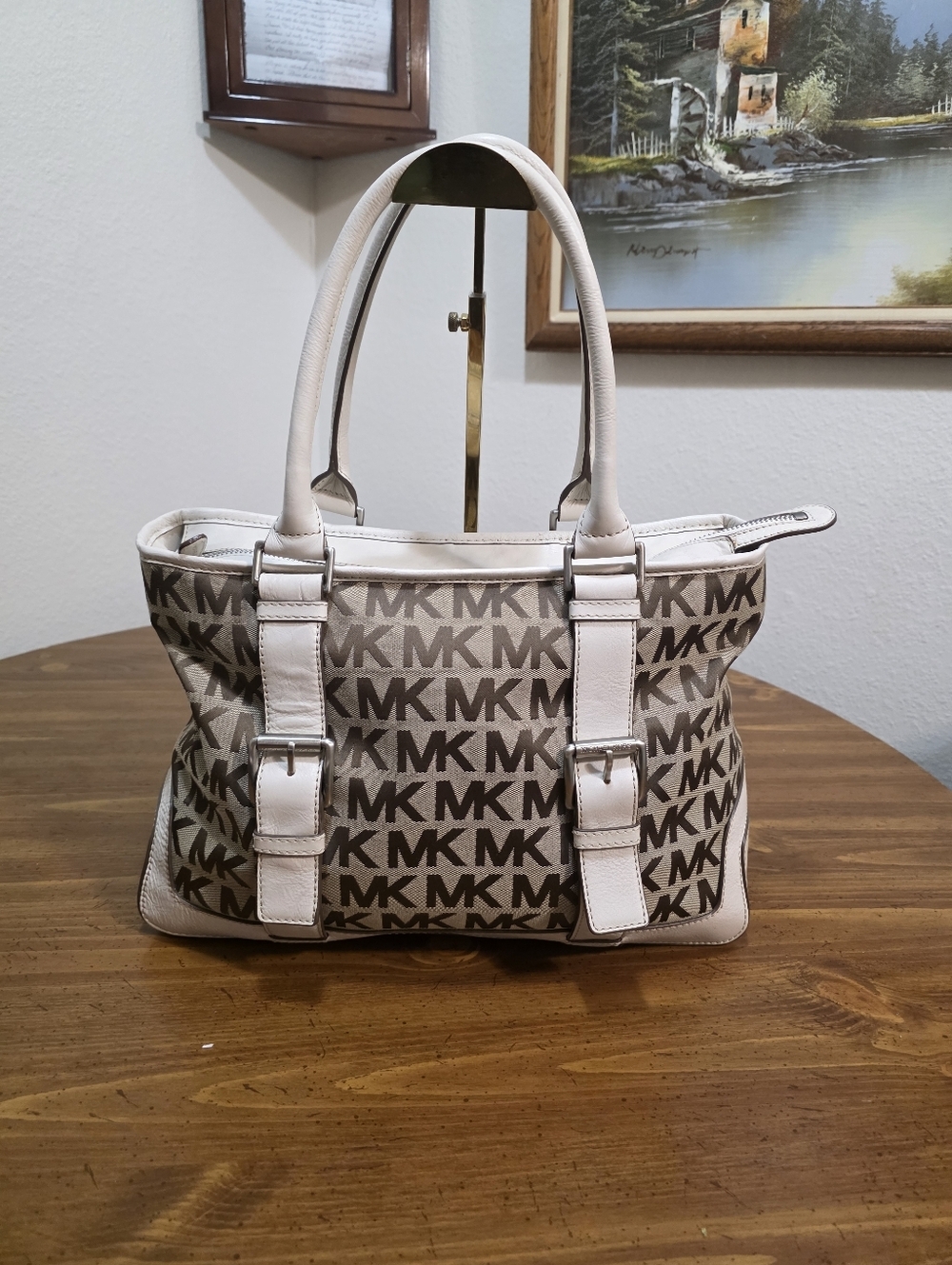 Michael Kors Brown and Cream MK Signature Shoulder Tote